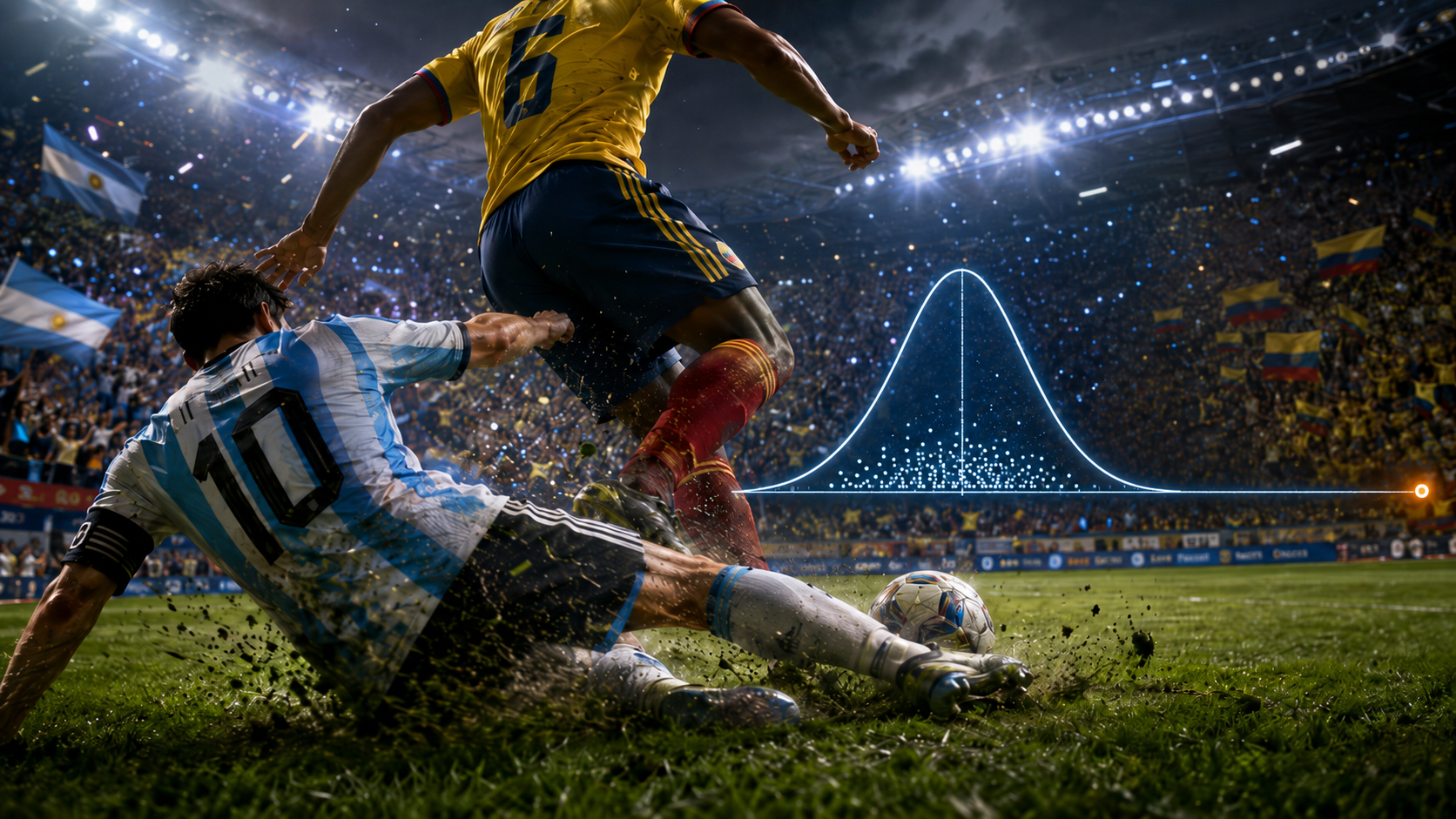Soccer players duel it out with a 7-sigma outline on a bell curve.