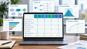 Decision analysis software comparison dashboard featuring decision trees, influence diagrams, Monte Carlo simulations, and optimization tools.