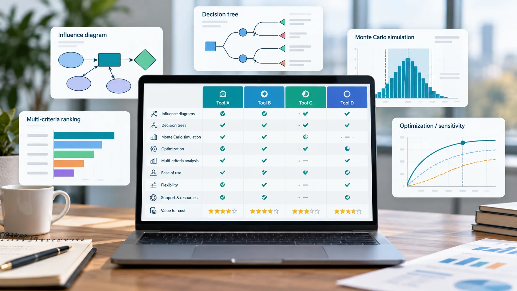 Decision analysis software comparison dashboard featuring decision trees, influence diagrams, Monte Carlo simulations, and optimization tools.