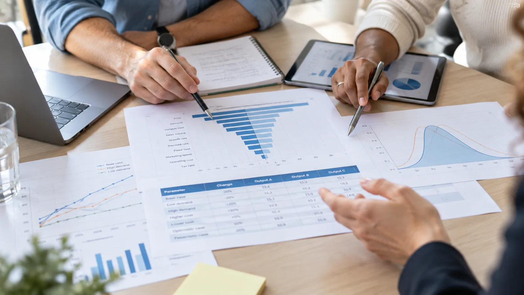 Professionals reviewing sensitivity analysis charts, including a tornado diagram and probability distributions, to identify key factors influencing model outcomes.