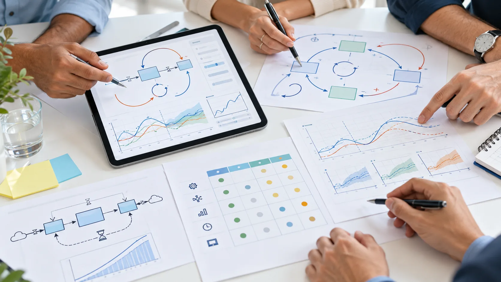 Professionals comparing system dynamics simulation software using stock-and-flow diagrams, feedback loops, and simulation charts during a collaborative analysis session.