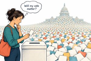 Woman holding a ballot over a ballot box, wondering "Will my vote matter?", with a sea of ballots stretching toward the U.S. Capitol