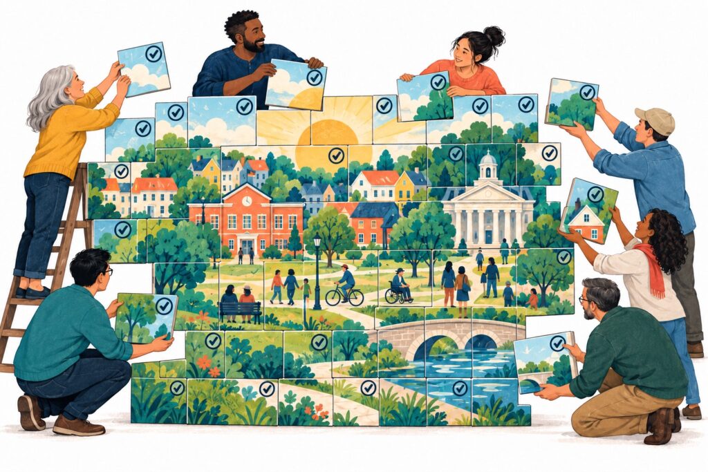 Diverse group of citizens fitting checkmarked tiles together into a mural of a thriving community